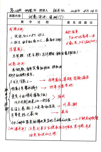 听课记录：高二年级地理周测（7）讲评