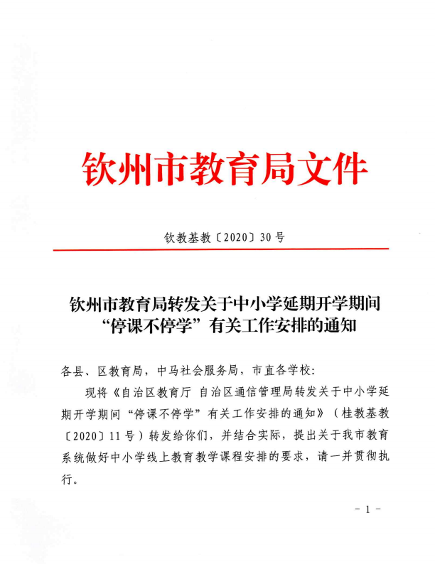 钦州市教育局转发关于中小学延期开学期间“停课不停学”有关工作安排的通知