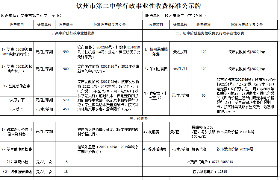 华体体育（中国）股份有限公司行政事业性收费标准公示牌2023