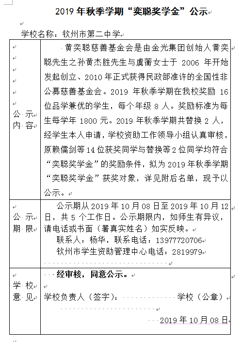 2019年秋季学期“奕聪奖学金”公示