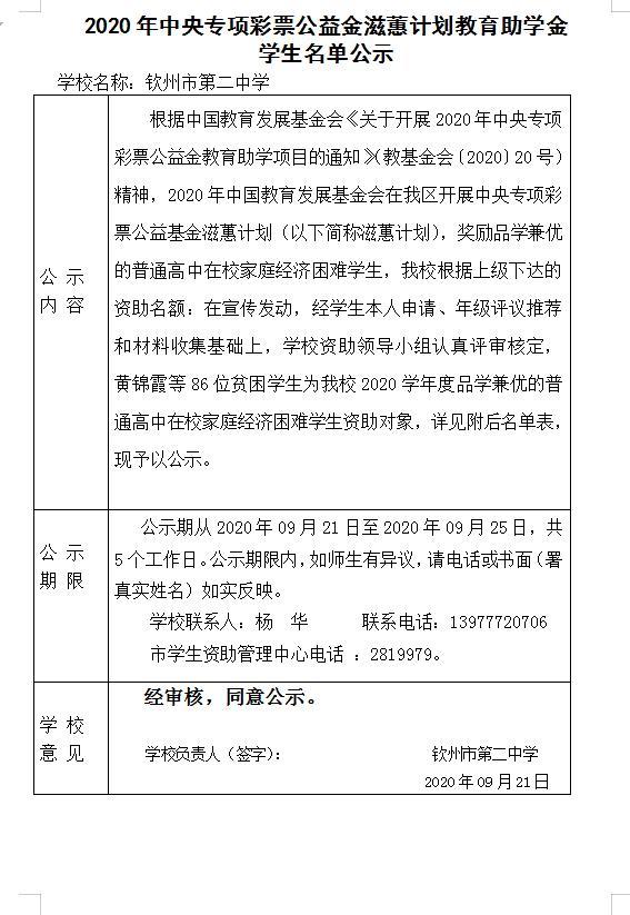 2020年中央专项彩票公益金滋蕙计划教育助学金 学生名单公示