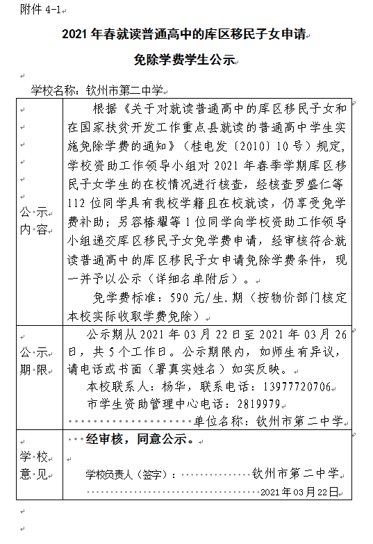 2021年春就读普通高中的库区移民子女申请免除学费学生公示