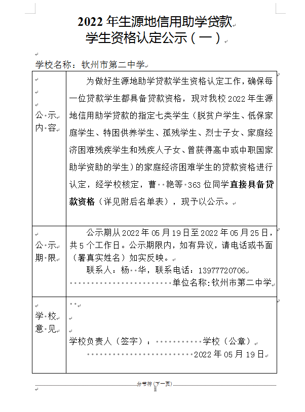 2022年生源地信用助学贷款 学生资格认定公示（一）