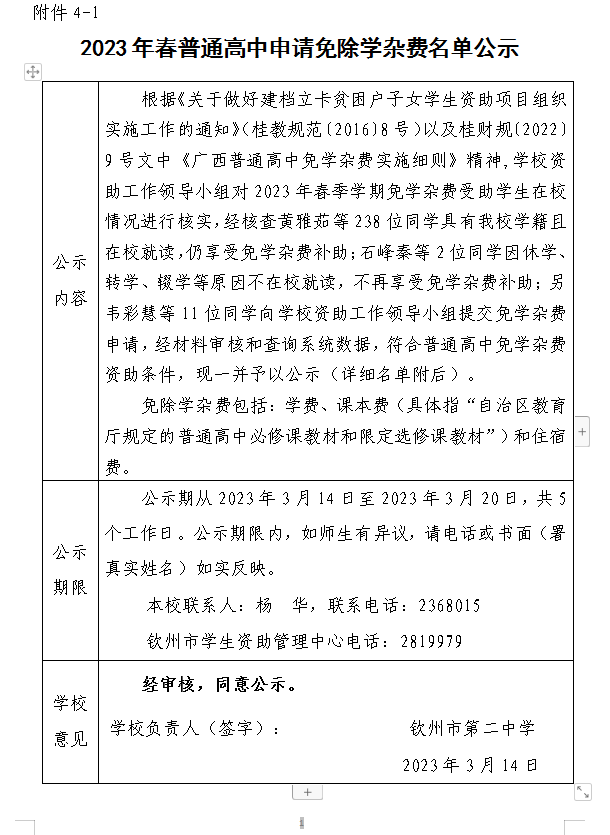 2023年春普通高中申请免除学杂费名单公示