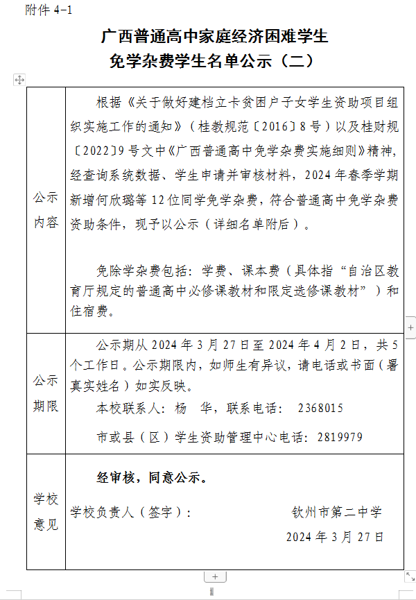 广西普通高中家庭经济困难学生免学杂费学生名单公示（二）